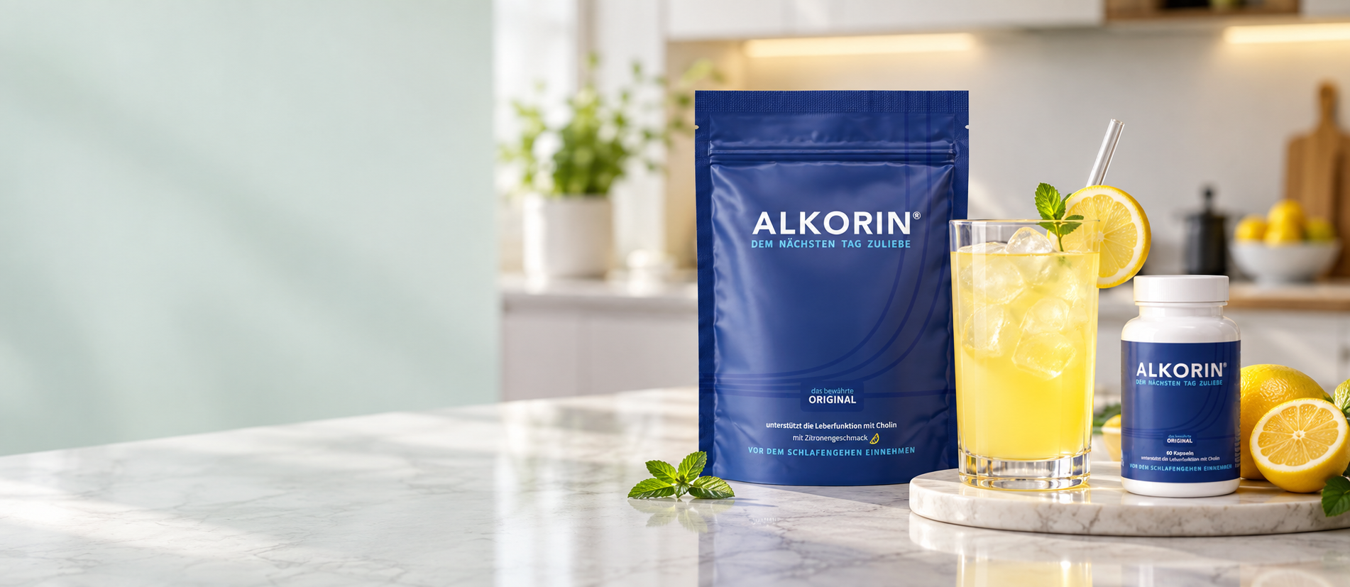 ALKORIN® Original mit Zitronenlimonade und Kapseln in heller Küche